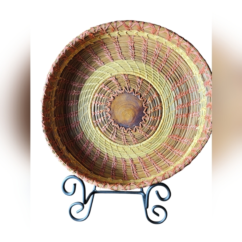 Primitive Handwoven 10 Inche Basket With A Wood Medallian In The Middle.